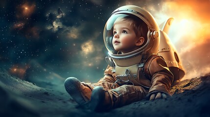A pintsized explorer in a toy rocket ship, equipped with a makeshift oxygen tank and miniature space tools, boldly discovering the mysteries of the universe in a playful and imaginative spacewalk.