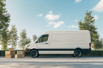 White transport van with blank side mock up with box's on white background