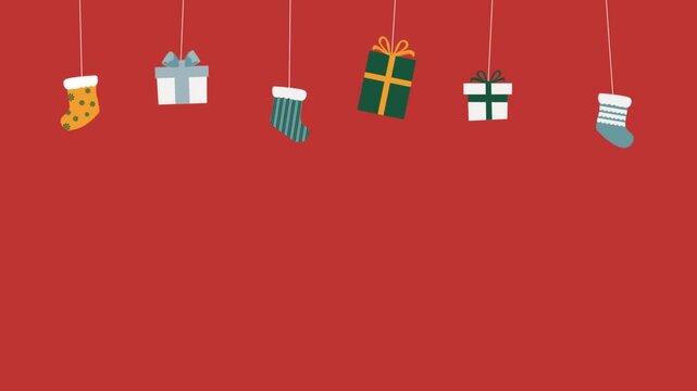 Christmas animated footage landscape with gift, socks red background