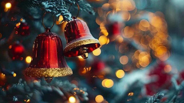 This Festive red bells adorn a Christmas tree amidst glowing lights, capturing holiday cheer.