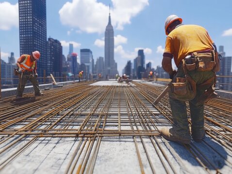 Skyscraper Construction Workers Aligning Steel Bars for Foundation, Concrete Ready, Civil Engineering
