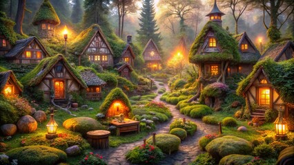 Fototapeta premium Enchanted Village nestled within a lush forest, illuminated by the warm glow of lanterns, inviting visitors to explore its whimsical charm