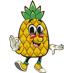 Cute and happy fun pineapple isolated vector cartoon mascot character dancing while giving the okay sign, work of hand drawn