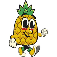 Cute and happy fun pineapple isolated vector cartoon mascot character walking, work of hand drawn