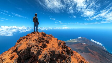 A lone hiker stands on a volcanic peak overlooking the ocean