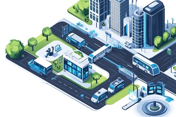 Fototapeta premium Smart Cities Business Innovation illustration with 3d buildings, hi speed train and green living