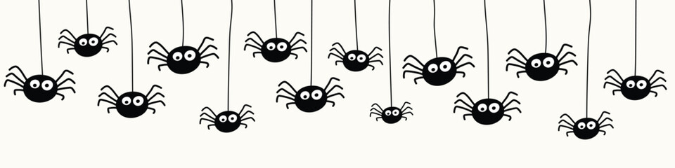 Halloween banner with funny hanging spiders. Vector