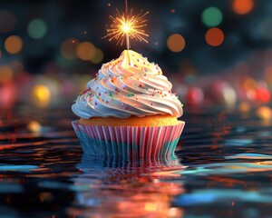 Sparkling Birthday Cupcake with Whimsical Frosting and Festive Lights, Delicious Treat for Celebrations and Parties