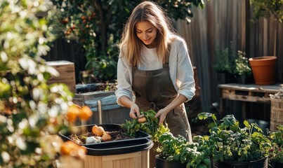 Woman composting food waste. Outdoor compost bin for reducing kitchen waste. Organic waste in garden composter, eco-friendly gardening, sustainability.
