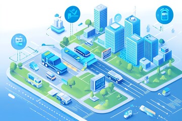 Smart Cities Business Innovation illustration with 3d buildings, hi speed train and green living