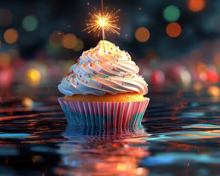 Sparkling Birthday Cupcake with Whimsical Frosting and Festive Lights, Delicious Treat for Celebrations and Parties