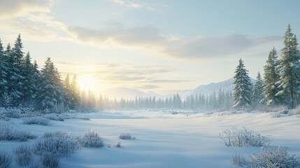 Serene Winter Landscape with Snowy Pine Trees and Frozen Lake
