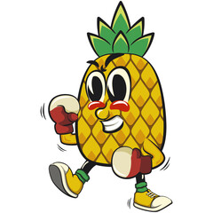 Cute and happy fun pineapple isolated vector cartoon mascot character practicing boxing wearing boxing glove, work of hand drawn