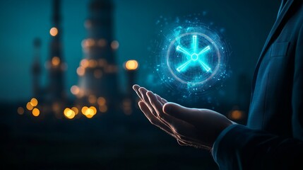 A businessman holds a glowing blue digital symbol in his hands, with a blurry industrial background.