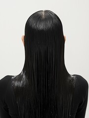 Fototapeta premium A young Asian woman is washing her hair with clean water, with long straight black hair,This is a high-resolution,generative ai