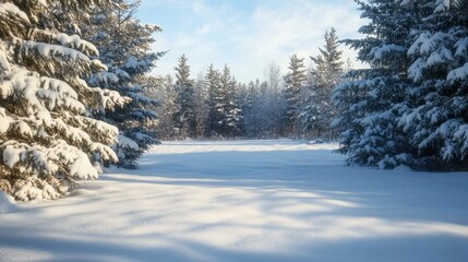 Serene Winter Wonderland: A Frozen Lake Surrounded by Snowy Pine Trees