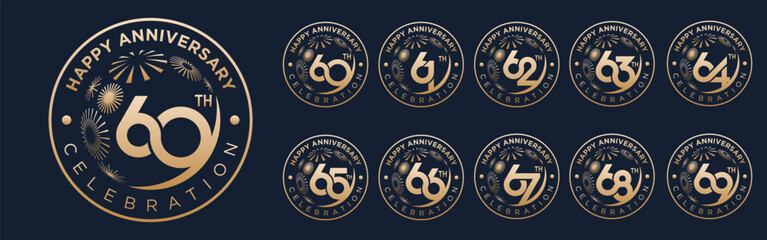 set of 60 to 69th anniversary logotype design, with golden fireworks for celebration event, wedding, and birthday, vector illustration