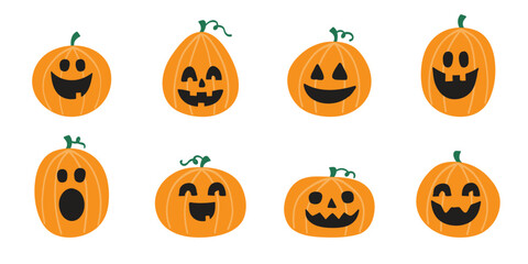 Halloween design with hand drawn pumpkin lanterns. Clipart set. Vector illustration