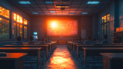 Classroom with a humanoid AI robot teaching a math class to attentive students, futuristic holographic screens display interactive formulas