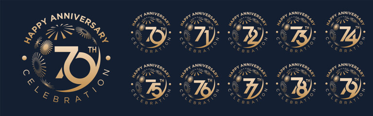 set of 70 to 79th anniversary logotype design, with golden fireworks for celebration event, wedding, and birthday, vector illustration