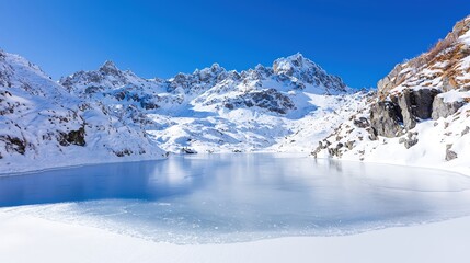 Fototapeta premium A breathtaking winter mountain vista featuring majestic peaks blanketed in deep snow under a clear blue sky. The foreground showcases a tranquil frozen lake reflecting the surrounding landscape. This