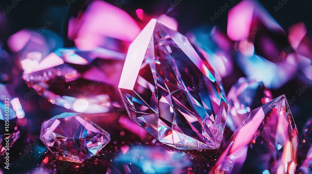 Poster a macro shot of shimmering crystals or gemstones with facets reflecting light. --ar 16:9 --personali