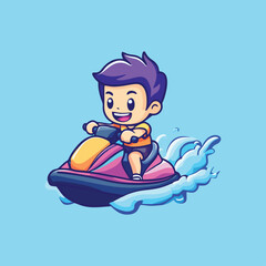 Naklejka premium Cartoon Boy Enjoying Speed on Jet Ski Over Clear Blue Water Feeling Happy