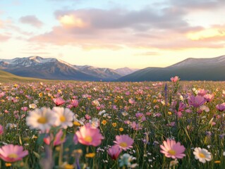 Fototapeta premium Tranquil Meadow with Warm Pastel Colors and Soft Glow at Sunset, Stunning Landscape Photography, Picturesque Nature Scene with Wildflowers, Serene Beauty of a Field of Flowers, Colorful Sky and