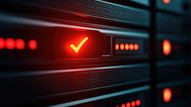 server rack with illuminated indicators, featuring red error icon and green check mark, symbolizes system status and performance