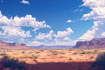 Naklejka premium Exploring the beautiful desert scenery and grand sky of west county. Presented in a cartoon or anime aesthetic