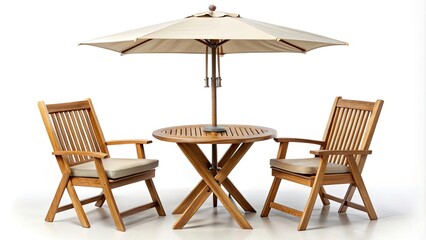 Stylish Round Teak Garden Table with Two Chairs and Parasol Umbrella - Perfect Outdoor Dining Set for Patios, Gardens, and Backyards - High Resolution Stock Photo