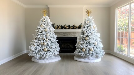 An upscale living room decorated for the holidays, showcasing a magnificent Christmas tree adorned with luxurious ornaments and a golden star on top, set against a cozy fireplace. The rich textures