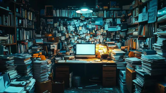 Home office desk amidst books and notes in creative workspace with dim lighting, 4k video