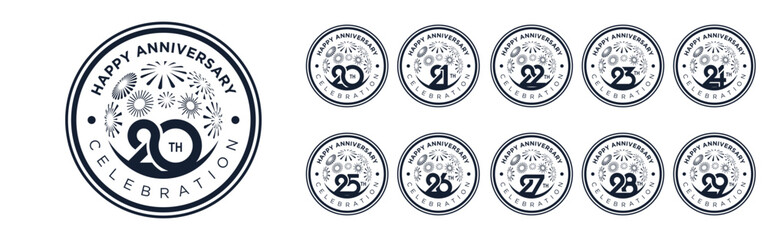 set of 20 to 29th anniversary logotype design, with black color fireworks for celebration event, wedding, and birthday, vector illustration