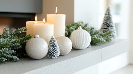 An elegant holiday display featuring a sophisticated arrangement of Christmas ornaments and candles on a stylish mantelpiece, complemented by fresh pine branches. The warm glow from the candles adds