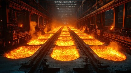 Fototapeta premium Industrial scene with molten metal in large furnaces.