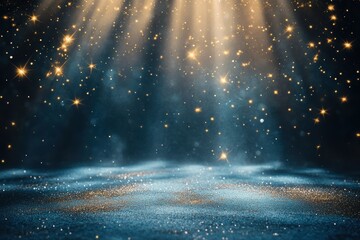 golden light particles floating in blue and gold light against dark background
