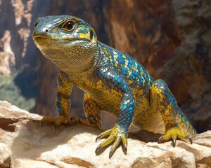 Vibrant Blue and Yellow Lizard with Exotic Background, Cold-Blooded Reptile with Primal Chill, Stunning Scales and Ancient Beauty