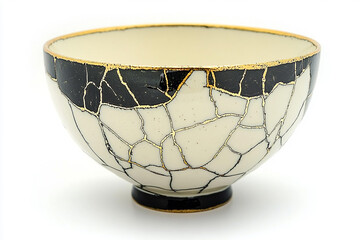Japanese kintsugi bowl cracked line art pot with white background