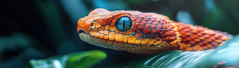 Fototapeta premium Vibrant Red and Orange Snake with Striking Blue Eyes in a Lush Tropical Jungle Setting, Exotic Reptile, Cold-Blooded Predator, Nature Photography