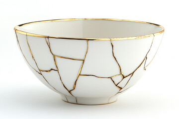 Japanese kintsugi bowl cracked line art pot with white background