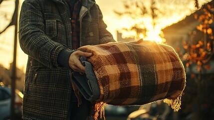 A volunteer distributing warm blankets and clothes to a homeless person, shot in an advertisement style with soft, warm lighting. The close-up captures the compassion and care of community aid.
