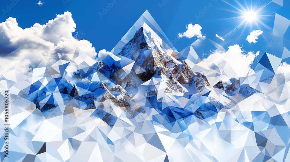 Poster A digital low-poly rendering of a mountain range in shades of gray and blue for a unique, angular look