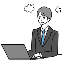 Illustration of a young businessman angrily operating a laptop computer.