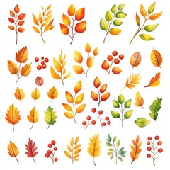 Obraz premium Autumn Leaves and Berries Watercolor Illustration