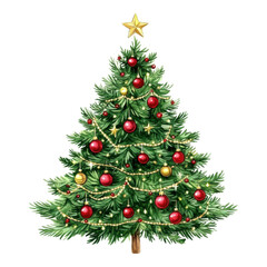 Fototapeta premium A vibrant Christmas tree adorned with red and gold ornaments, sparkling lights, and a star on top, set against a black background.