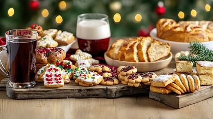 Naklejka premium A rustic wooden table laden with an assortment of homemade holiday treats, including decorated cookies, spiced mulled wine, and artisanal bread, all beautifully highlighted against a blurred, festive
