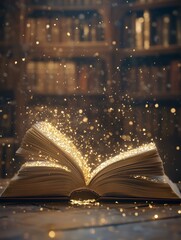 Open Magic Book with Light Glowing, Magical Book in Library with Gold Glitter Effect, Mystery Fantasy Book Fairytale