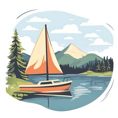 Naklejka premium A cartoon boat sailing on a lake on a white background.