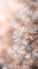 Fototapeta premium Snow-covered branches glisten softly under a gentle winter light, creating tranquility. Generative AI.